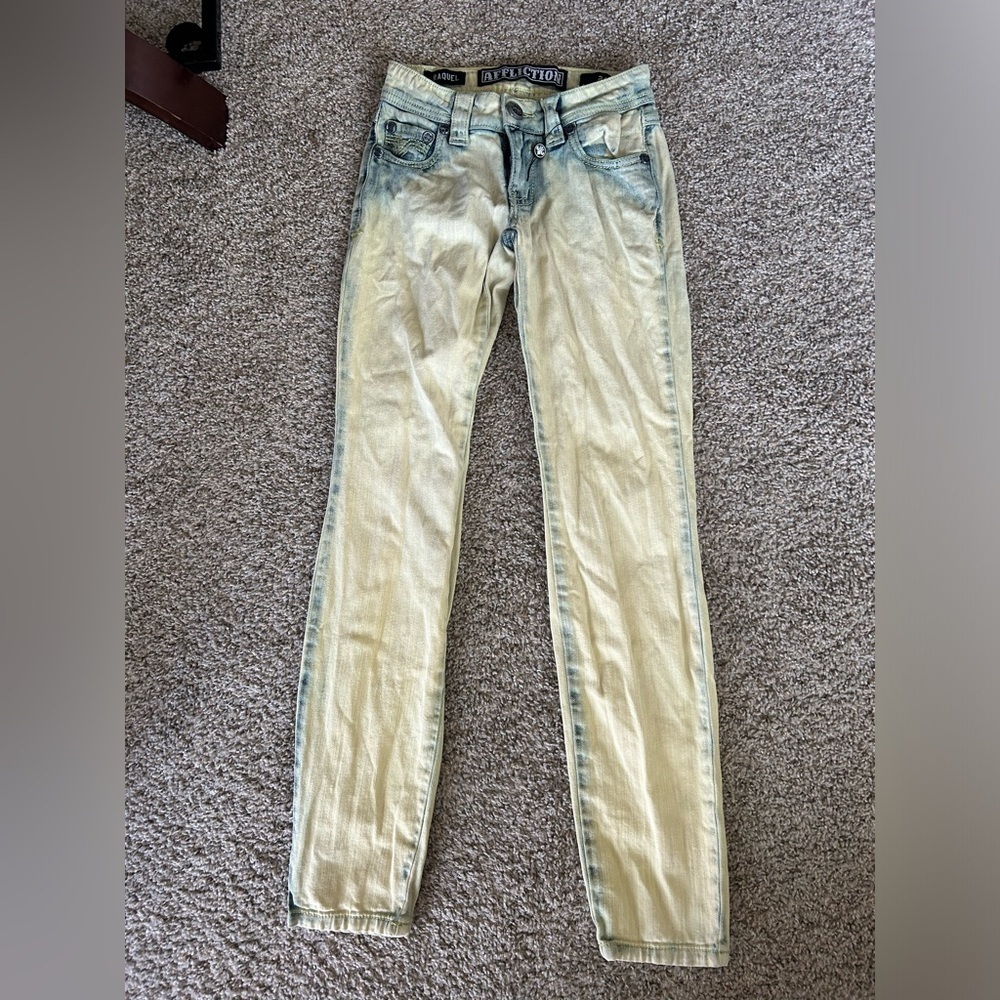 Affliction Raquel Jeans Yellow Blue Women's Size 24 Cotton Stretch Grunge Goth